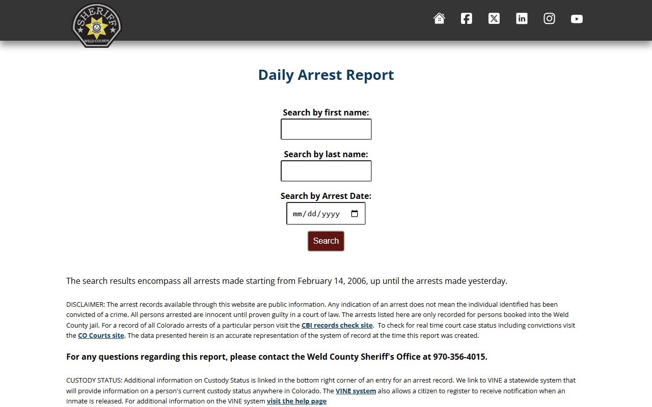Weld County jail roster daily arrest report for inmate population search